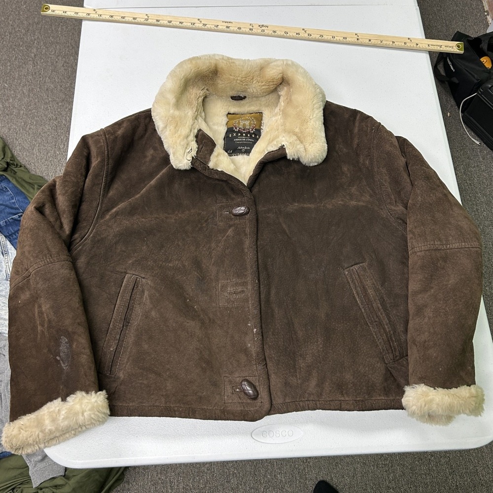 Express Suede Shearling Jacket womans M Brown Faux Fur Lined Vintage Avenue G2